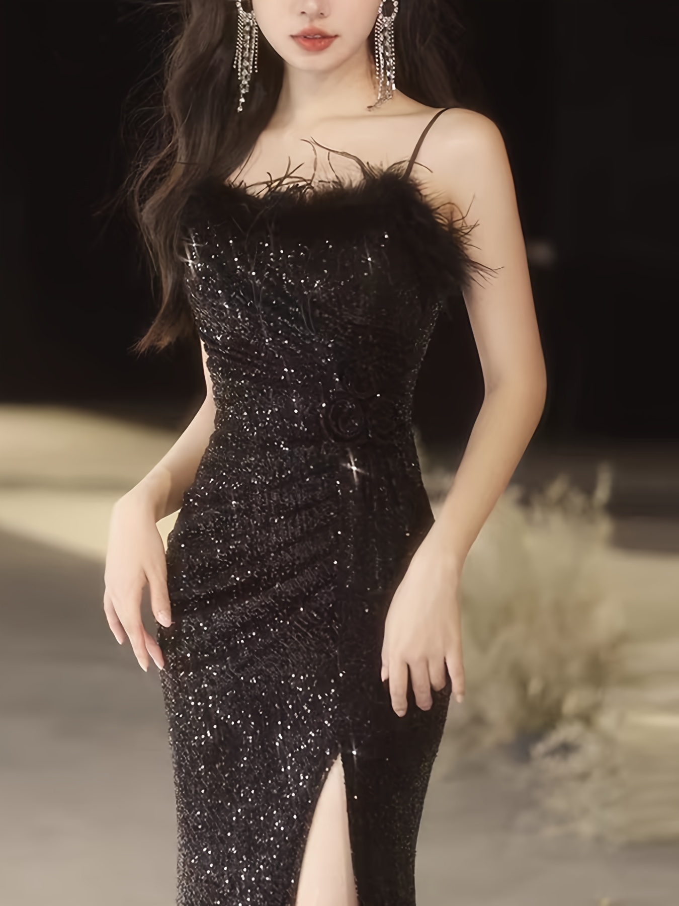 elegant black sequin evening gown for women luxurious off shoulder sleeveless with belt side parties banquets details 5