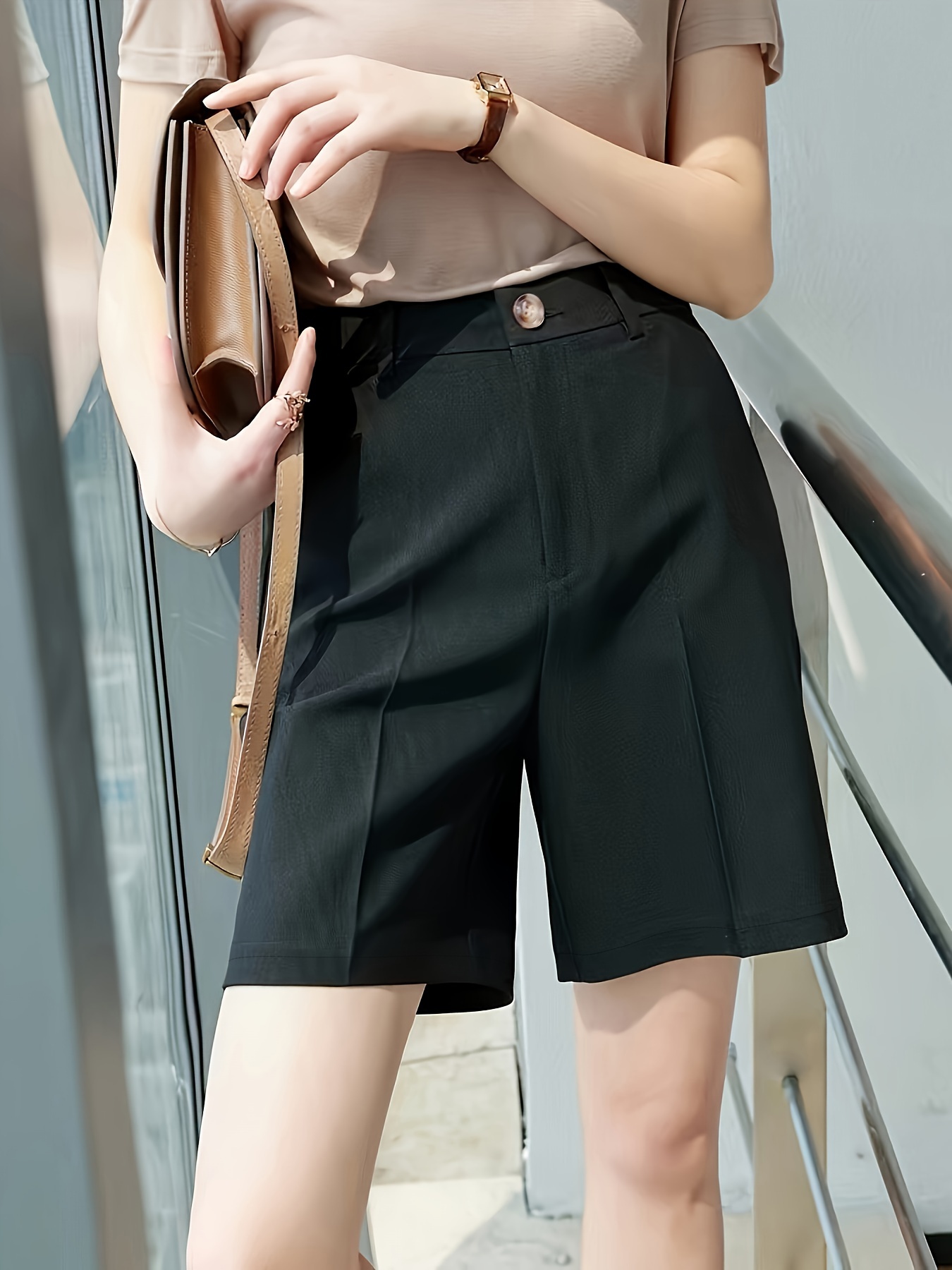 button front high waist shorts color slant pockets loose shorts for womens clothing details 4