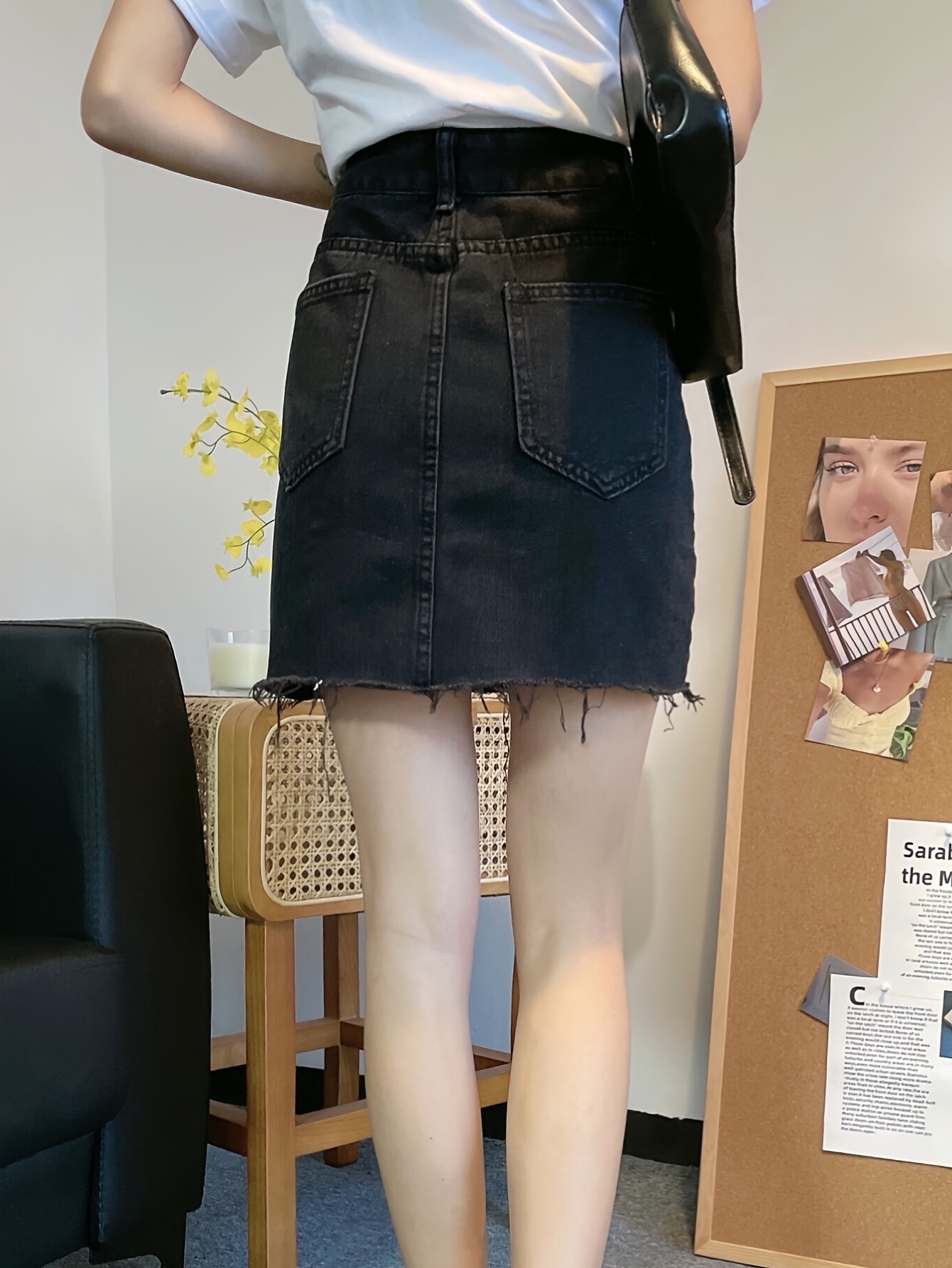 Women S -Waist Denim Skirt, Color Black, Non-Stretch Cotton , Regular Fit, with Split Hem and Detail, for Spring/Summer/Fall - Woven Fabric details 1
