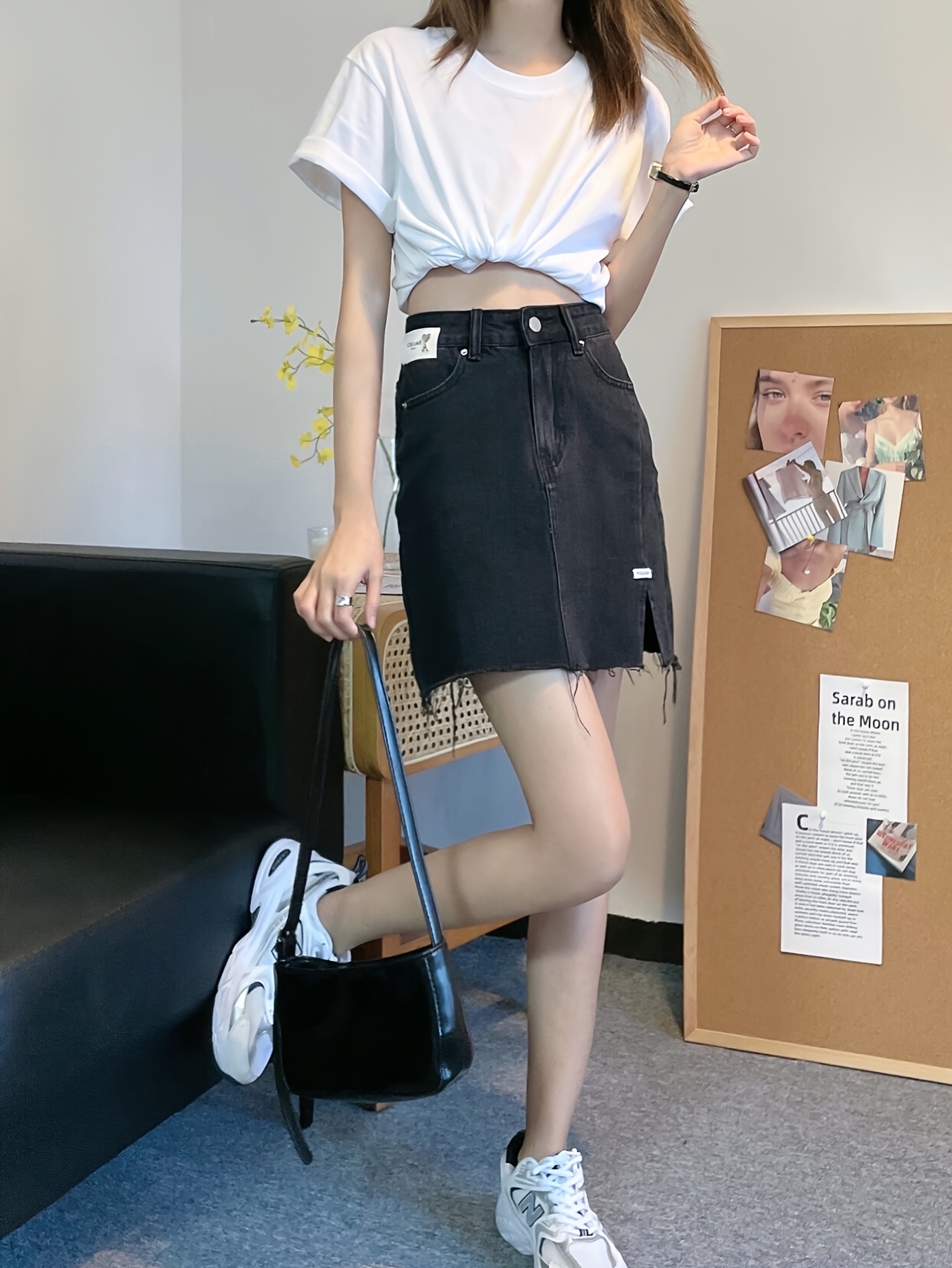 Women S -Waist Denim Skirt, Color Black, Non-Stretch Cotton , Regular Fit, with Split Hem and Detail, for Spring/Summer/Fall - Woven Fabric details 4