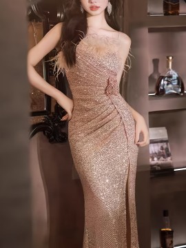 Elegant Black Sequin Evening Gown for Women - Luxurious Off-Shoulder, Sleeveless with Belt & Side Slit, Perfect for Parties & Banquets