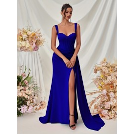 Elegant Spaghetti Strap Backless Gown with Thigh-High Slit - Perfect for Parties & Formal Events, Women's Evening Dress