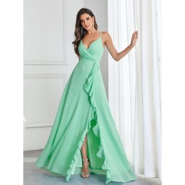 Elegant Extra-long Cami Dress - Classic Solid V Neckline, Delicate Ruffle Trim Details, Dramatic Split Sleeveless Design, Sultry Backless Style - Exuding Elegance, Perfect for Wedding Occasions, Designed for Women