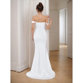 Elegant Off-the-Shoulder Mermaid Gown with High Slit and Choker Neckline - Perfect for Wedding or Formal Events