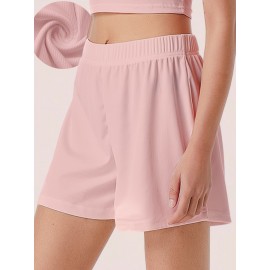 Sold Ribbed Elastic Waist Shorts, Casual Basic Shorts For Summer & Spring, Women's Clothing