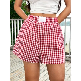 Plaid Elastic Waist Shorts, Casual Shorts For Spring & Summer, Women's Clothing