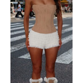 Women Shorts, Summer Elastic Waist Solid Layered Slim Fit Casual Shorts Clubwear