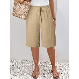 1pc Women'S Casual Polyester Shorts, Solid Color, All-Season, Woven Fabric, with Fake Drawstring Detail