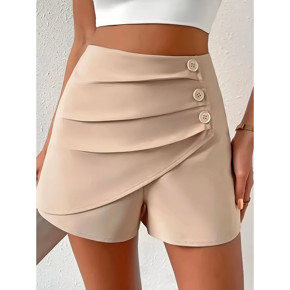 Trendy Ruched Asymmetrical Shorts - Fashionable Solid Color with Fake Buttons - Perfect for Spring & Summer - Chic Womens Casual Wear