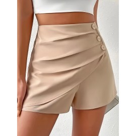 Trendy Ruched Asymmetrical Shorts - Fashionable Solid Color with Fake Buttons - Perfect for Spring & Summer - Chic Womens Casual Wear
