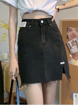 Women's Summer Causal High-Waist Denim Skirt, A-Line Jean Mini Skirt With Side Split, Frayed Hem, Casual Style