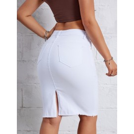 Hot Ripped High Waisted Bodycon Midi Denim Skirt, Women's Denim Jeans & Clothing