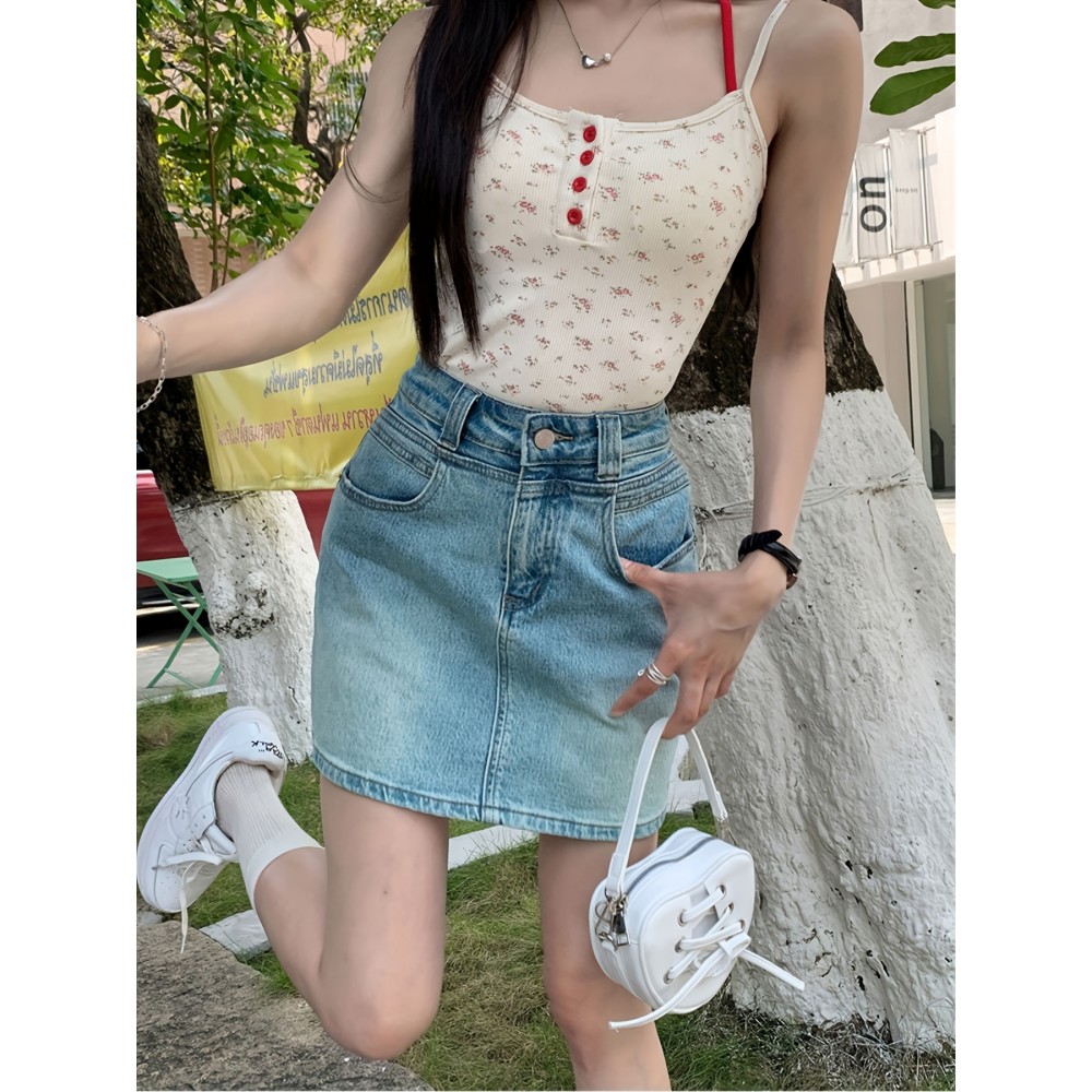 Plain Washed Blue High Rise Basic Style Mini Denim Skirt, Women's Denim Jeans & Clothing