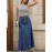 Single-breasted Plain Washed Blue Denim Skirt, Elegant High Rise Maxi Denim Skirt, Women's Denim Jeans & Clothing