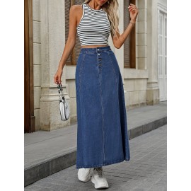 Single-breasted Plain Washed Blue Denim Skirt, Elegant High Rise Maxi Denim Skirt, Women's Denim Jeans & Clothing