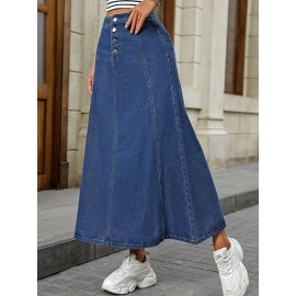 Single-breasted Plain Washed Blue Denim Skirt, Elegant High Rise Maxi Denim Skirt, Women's Denim Jeans & Clothing