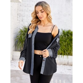 Drop Shoulder Button Front Shirt, Casual Long Sleeve With Pocket Shirt For Spring & Fall, Women's Clothing