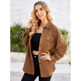 Drop Shoulder Button Front Shirt, Casual Long Sleeve With Pocket Shirt For Spring & Fall, Women's Clothing
