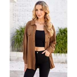 Drop Shoulder Button Front Shirt, Casual Long Sleeve With Pocket Shirt For Spring & Fall, Women's Clothing