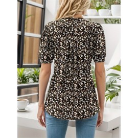Floral Print Notched Neck Blouse, Casual Pleated Puff Sleeve Blouse For Spring & Summer, Women's Clothing